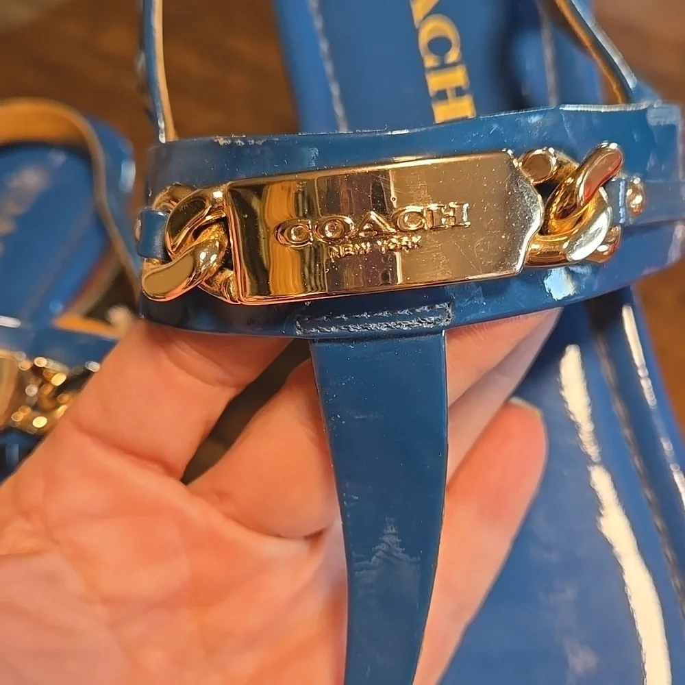 Coach Caterine Patent Leather Sandals Blue And Gold Logo Size 7 - Picture 7 of 9